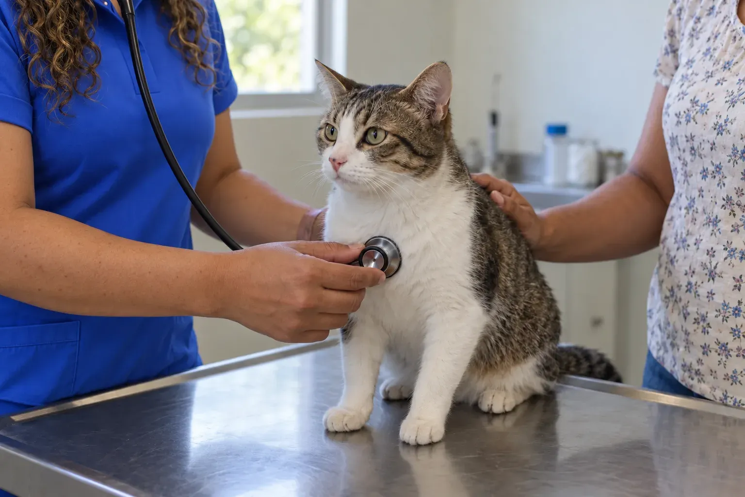 Examen de un gato en la consulta veterinaria de La Paloma, Bonao