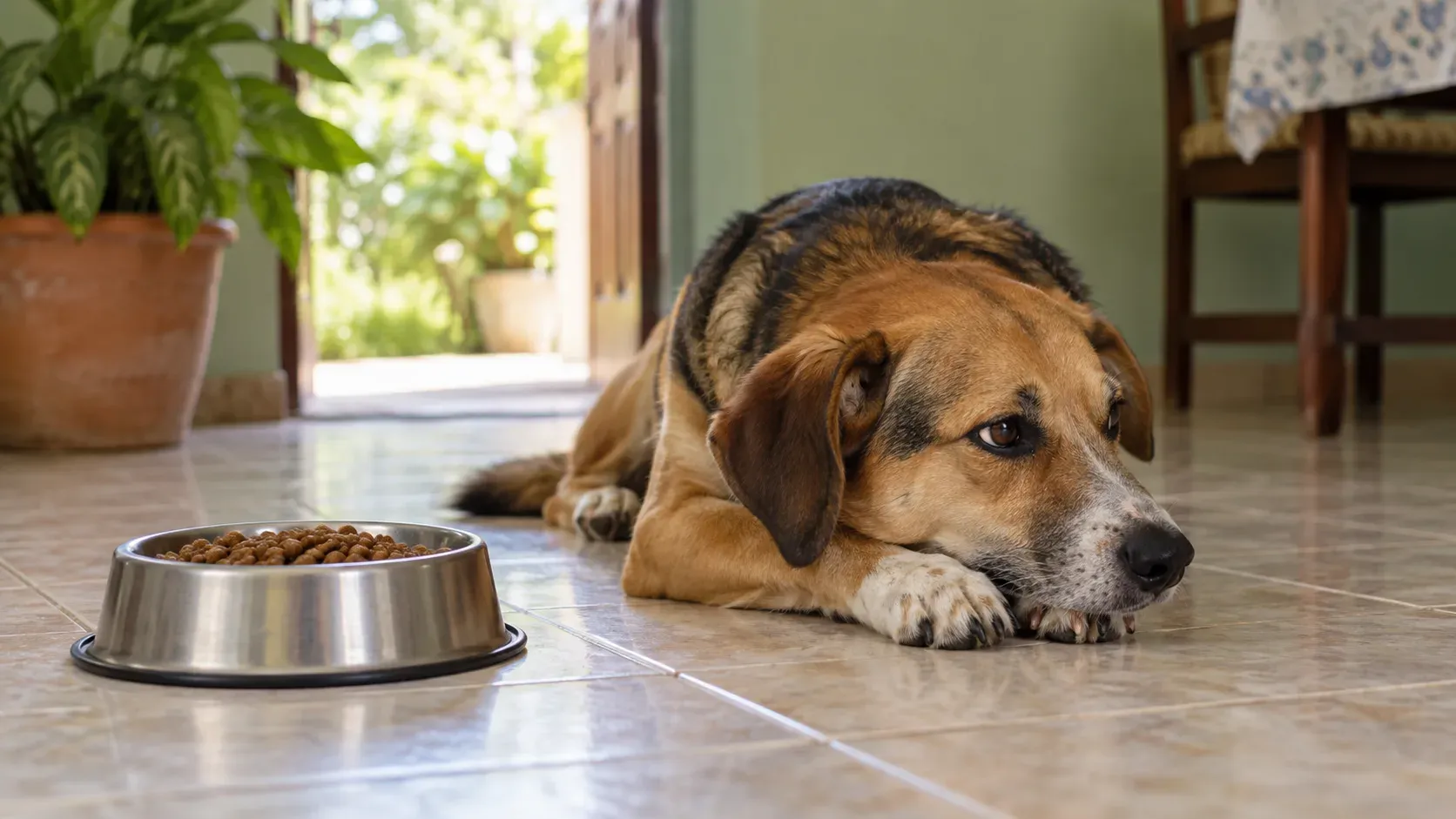 Perro tumbado junto a su plato de comida sin tocar, en casa