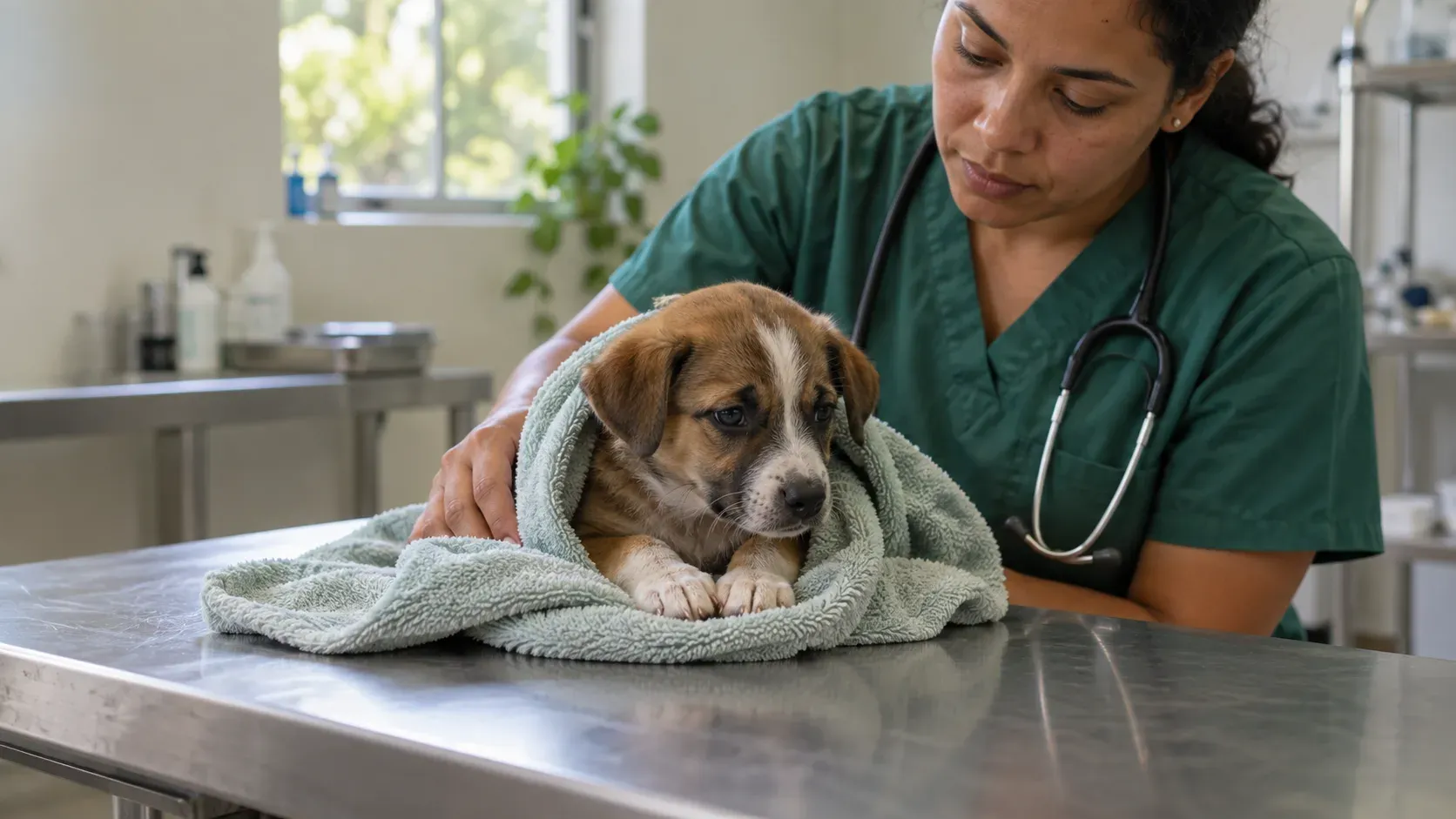 Cachorro en consulta veterinaria por parvovirus en La Paloma, Bonao