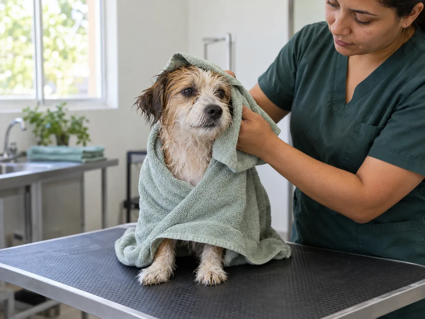 Perro recién bañado secándose con una toalla en la peluquería de La Paloma, Bonao